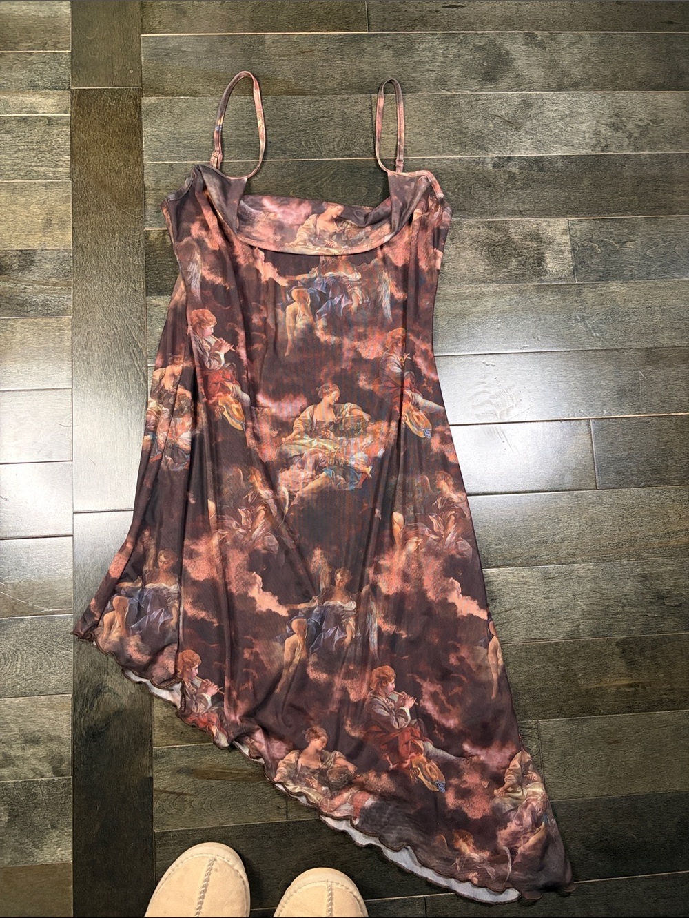 SHEIN MOD Renaissance Angel Print Mesh Asymmetrical Slip Dress Size L Y2K